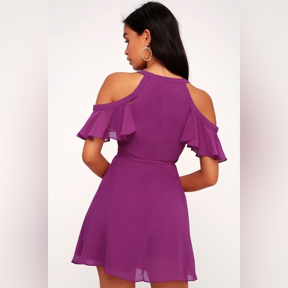 LULUS Bombshell Magenta Off-the-Shoulder Wrap Dress - Picture 3 of 9